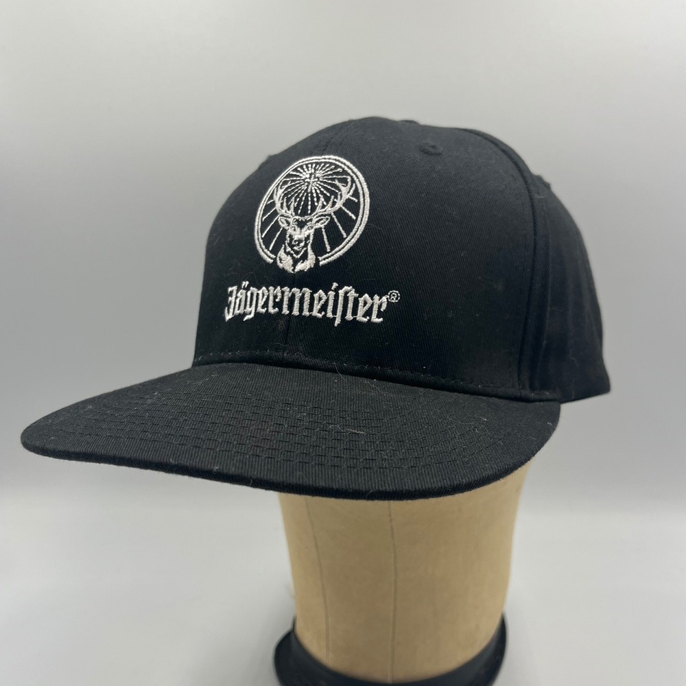 Jagermeister Snapback Hat Black White Embroidered Logo Adjustable Cap Mens EUC